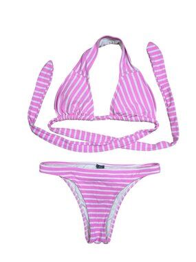 Aerie Pink & White Striped Bikini Set Halter Top & Cheeky Bottoms Size Small